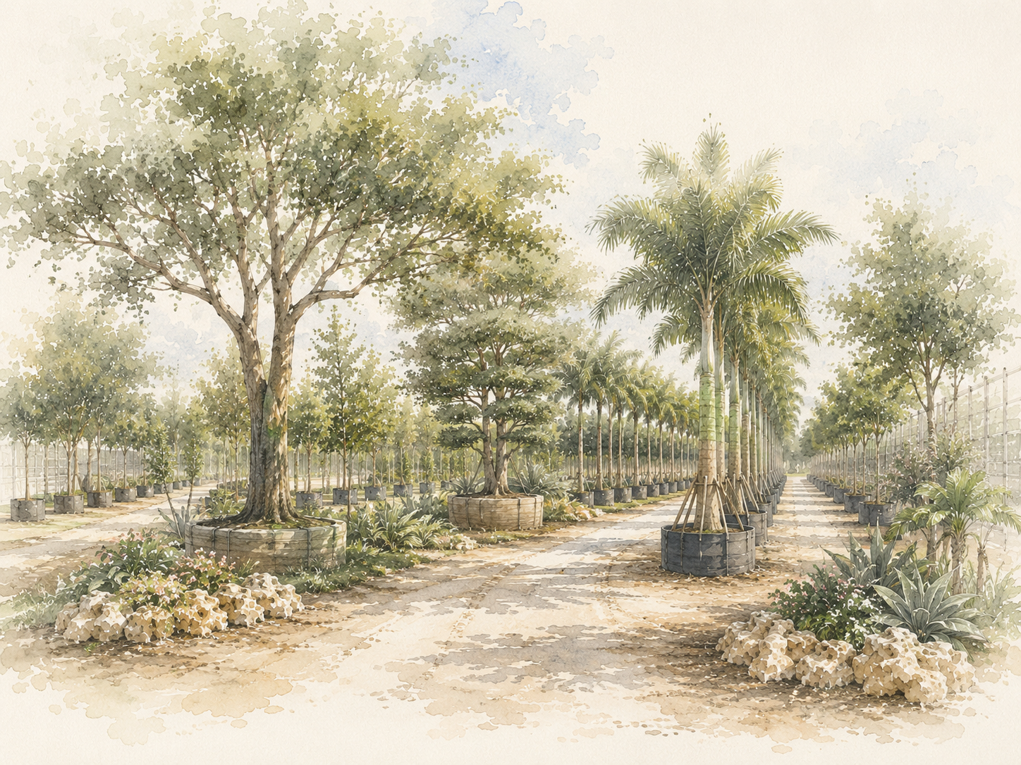 Field-grown tree rows at Abel Tree Farm in South Florida.