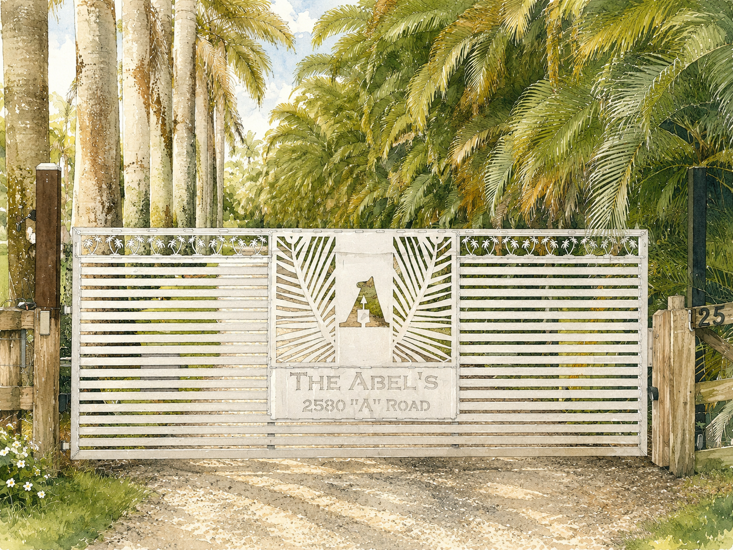 Abel Tree Farm entrance gate surrounded by palms and tropical nursery foliage.
