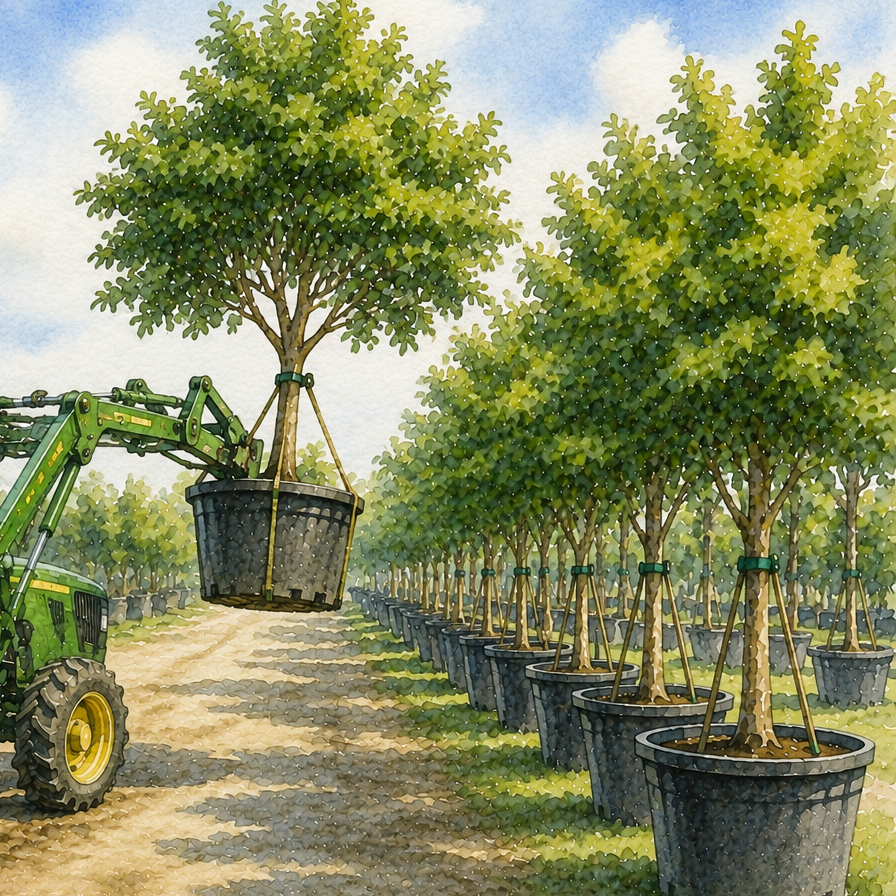 Nursery equipment moving container trees between farm rows.