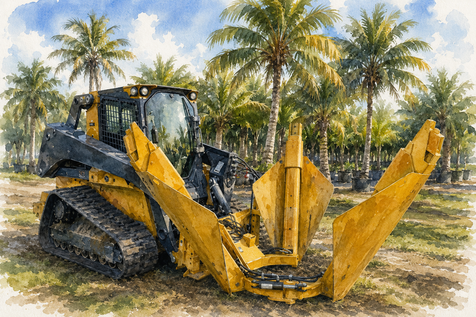 Compact skid steer with tree spade attachment in a palm nursery setting.