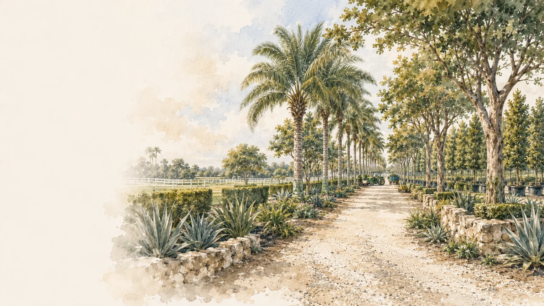 Wide view of a South Florida tree farm avenue with palms, hedging, and warm morning light.